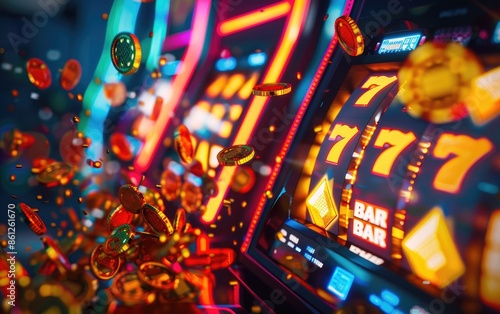 3D render of a slot machine payout with coins spilling out, vibrant colors, dramatic moody lighting, detailed textures, cinematic composition