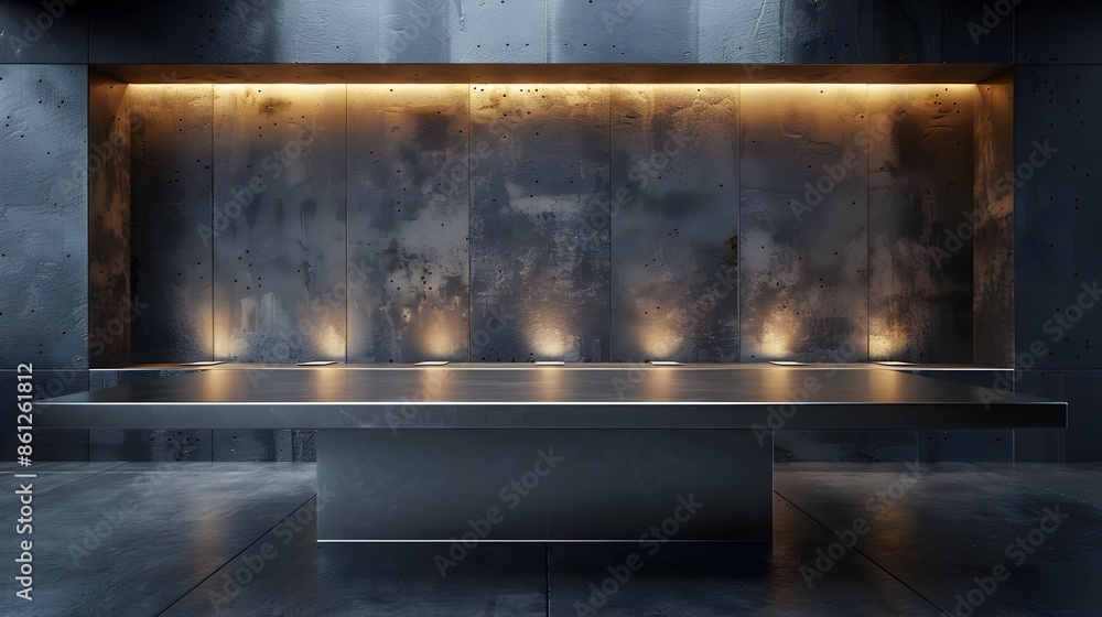 Minimalist Metal Table in High Tech Environment for Futuristic Product Display Concept Minimalist Metal Table in High Tech Environment for Futuristic Product Display Concept