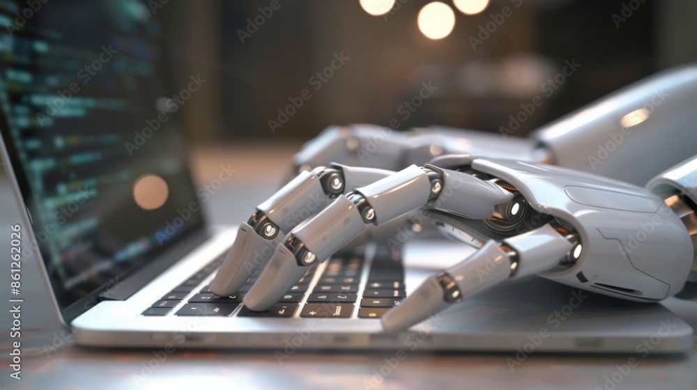 Robotic hand typing on a laptop, showcasing advanced technology and artificial intelligence. The scene is futuristic and precise, set in a modern workspace
