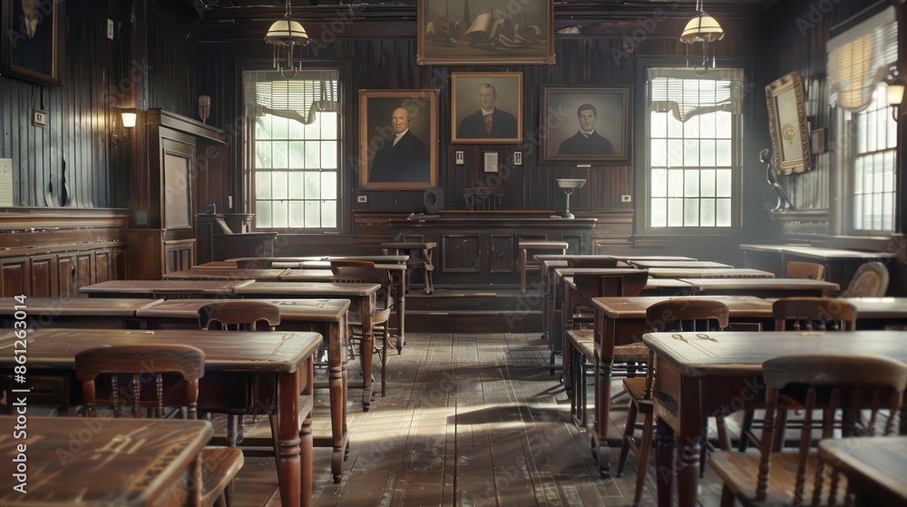 Fototapeta premium selective soft and blur focus.old wooden row lecture chairs in classroom in poor school.study room without student.concept for education