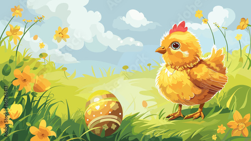 Heartwarming Easter Illustration with Hen, Chicks, and Painted Eggs Nestled in a Cozy Nest for Holiday Cheer