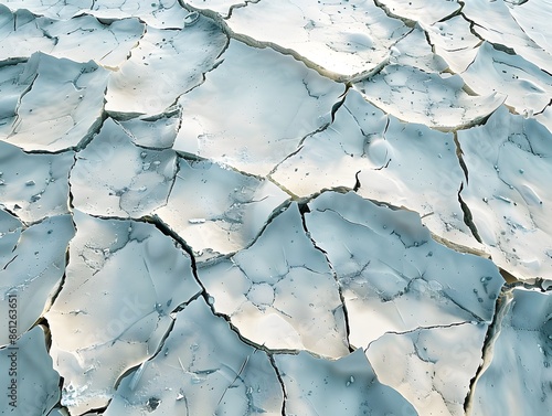 Cracked ice surface with small bird photo