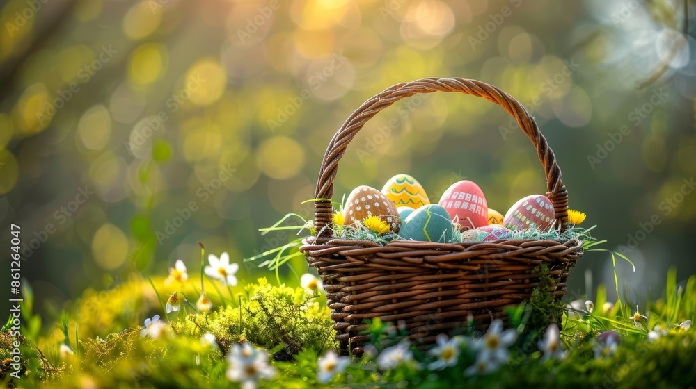 A wicker basket filled with colorful Easter eggs sits on a bed of moss and white flowers, bathed in warm sunlight. A wicker basket filled with colorful Easter eggs sits on a bed of moss and white flowers, bathed in warm sunlight.
