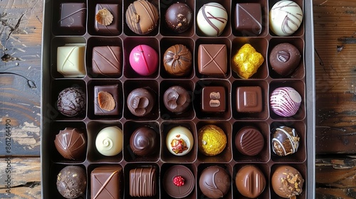 Assortment of gourmet chocolates in a box, various flavors and colors. photo