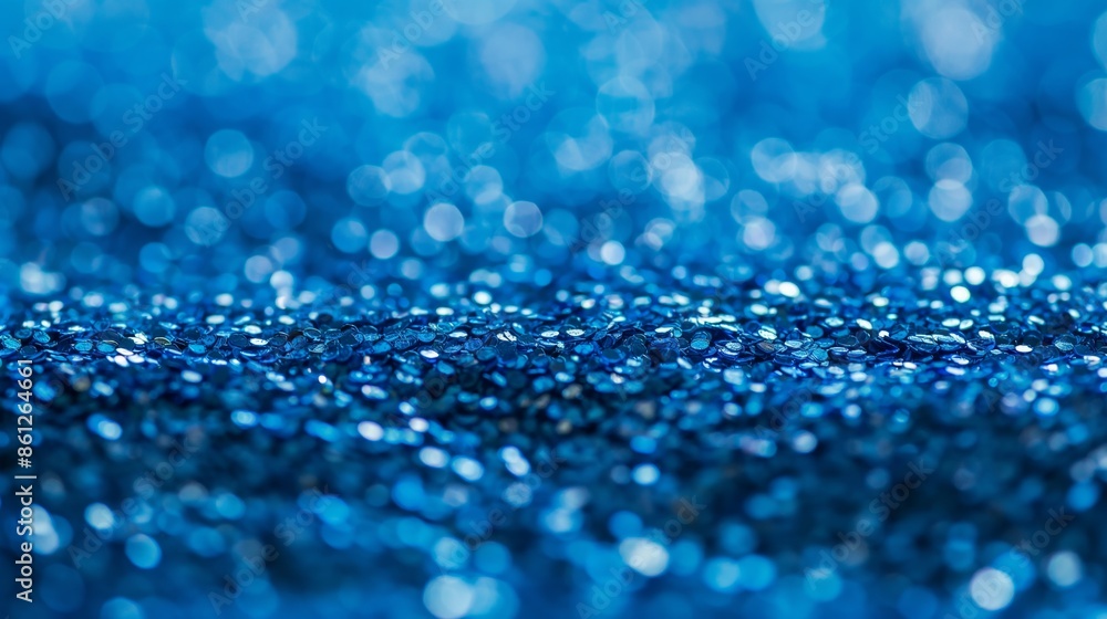 An abstract close-up of blue glitter creating a sparkling and visually captivating effect with a mesmerizing bokeh background, ideal for festive use. An abstract close-up of blue glitter creating a sparkling and visually captivating effect with a mesmerizing bokeh background, ideal for festive use.
