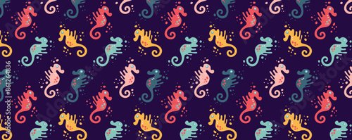 Undersea world. Abstract drawing of colorful seahorses underwater. Vector Pattern with sea inhabitants of the underwater depths. Seamless pattern for fabric, textile, wallpaper, cards.