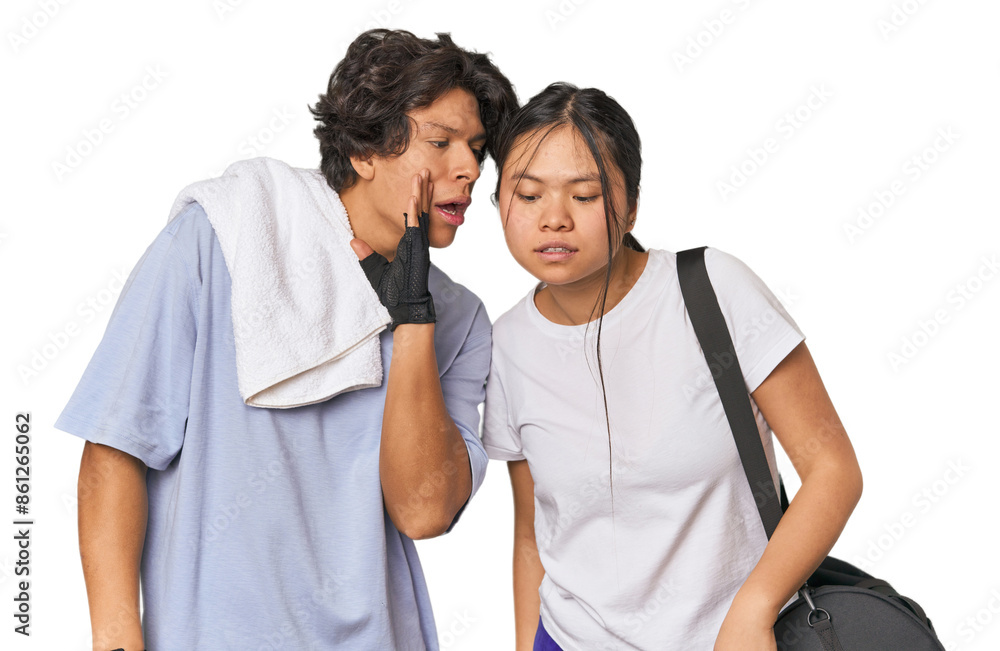 Young interracial athletic couple in studio is saying a secret hot braking news and looking aside Young interracial athletic couple in studio is saying a secret hot braking news and looking aside