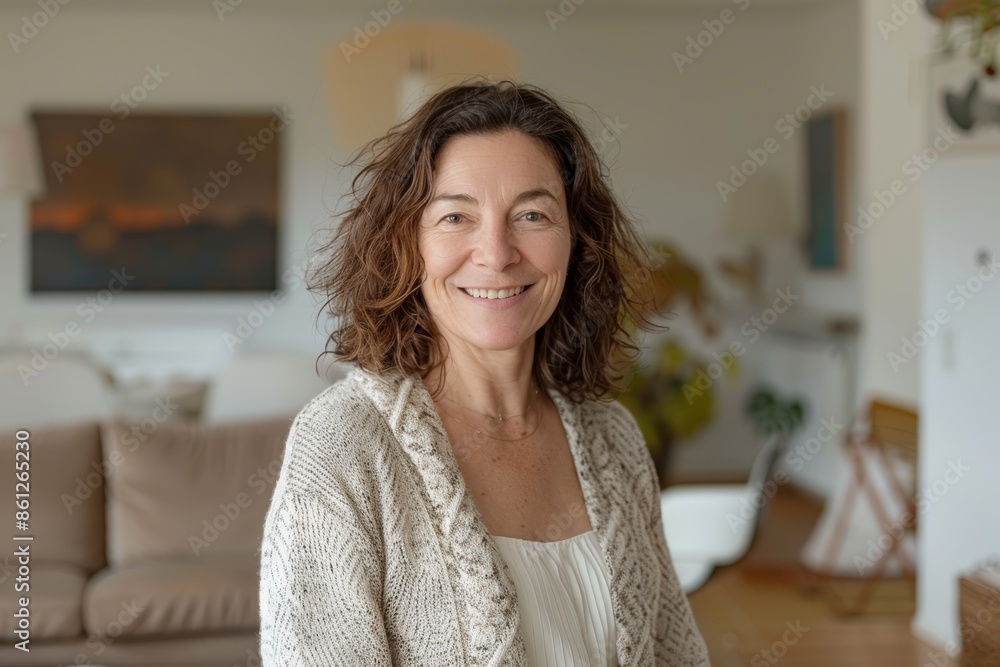 Portrait of a satisfied woman in her 40s smiling at the camera on crisp minimalistic living room Portrait of a satisfied woman in her 40s smiling at the camera on crisp minimalistic living room