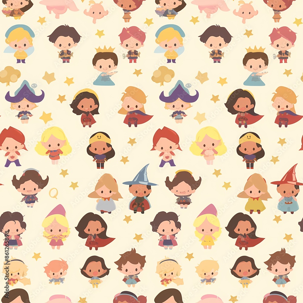 A seamless vector pattern of chibi characters in different costumes. Illustrate various chibi characters dressed as superheroes, fairies, pirates, and princesses. Each character should be depicted in A seamless vector pattern of chibi characters in different costumes. Illustrate various chibi characters dressed as superheroes, fairies, pirates, and princesses. Each character should be depicted in