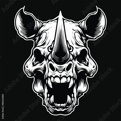 Dark Art Scary Angry Beast Rhino Skull Head with Sharp Horn Black and White Illustration