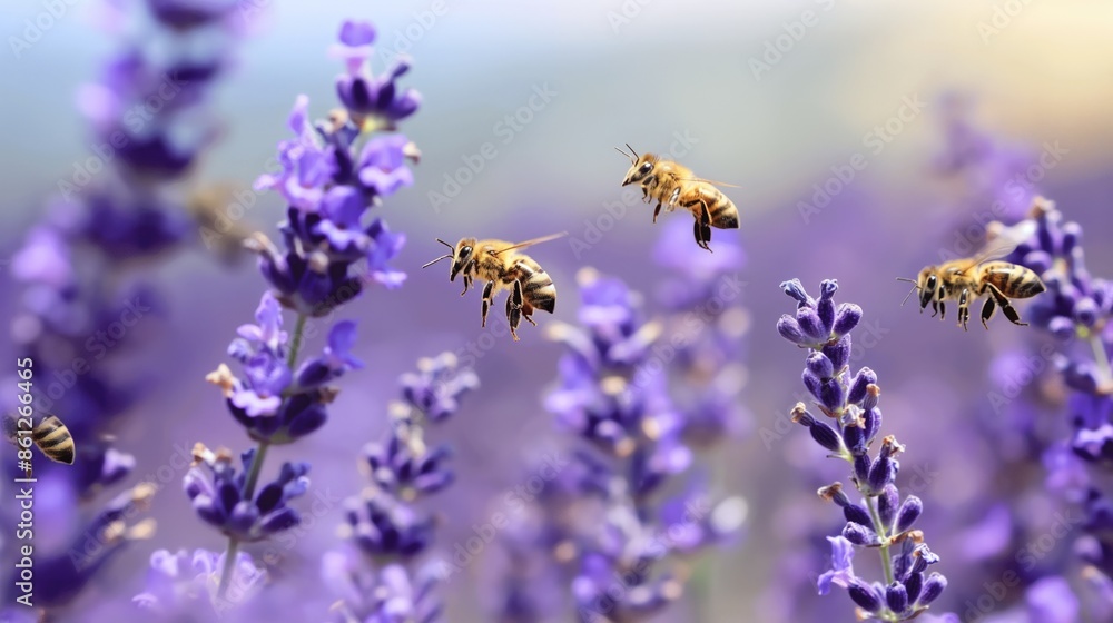 Honey Bees Pollinating Vibrant Purple Lavender Flowers in a Sunlit Garden Honey Bees Pollinating Vibrant Purple Lavender Flowers in a Sunlit Garden
