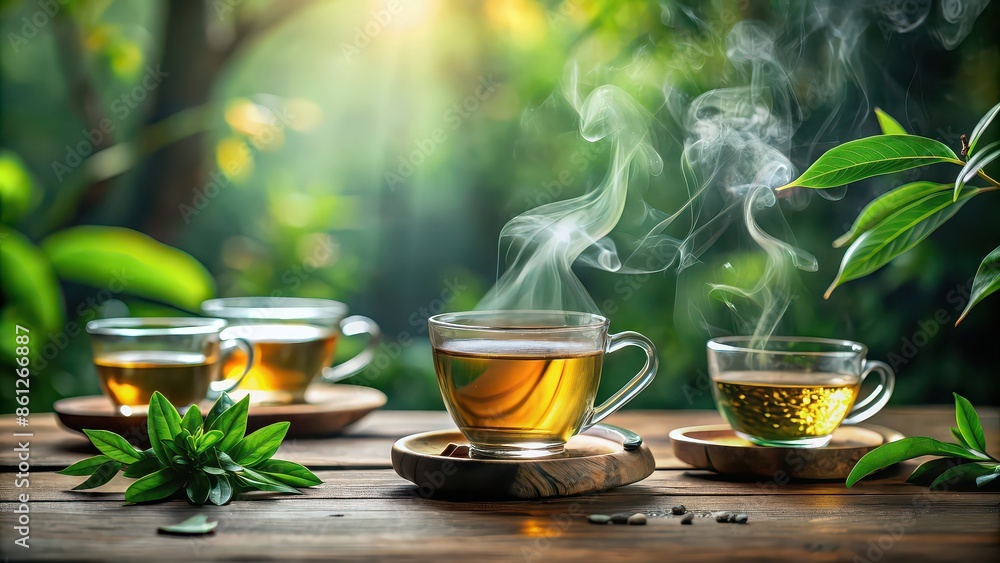 Steaming cup of tea on table with glass cups, green tea leaves, and serene atmosphere , tea, cup, table, steaming Steaming cup of tea on table with glass cups, green tea leaves, and serene atmosphere , tea, cup, table, steaming
