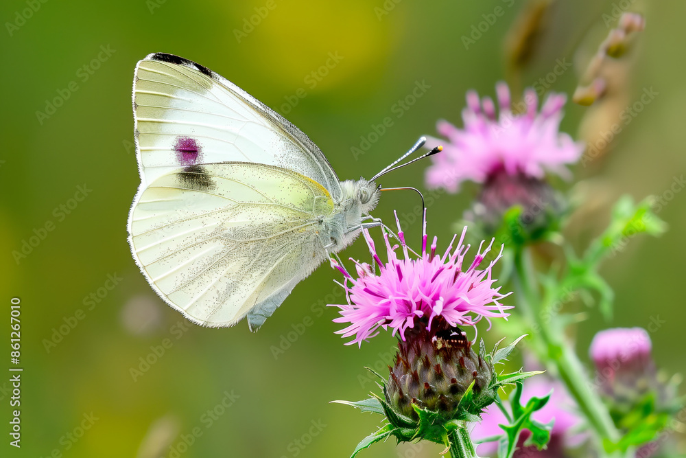 Beautiful White butterfly rests among the foliage of a garden Beautiful White butterfly rests among the foliage of a garden