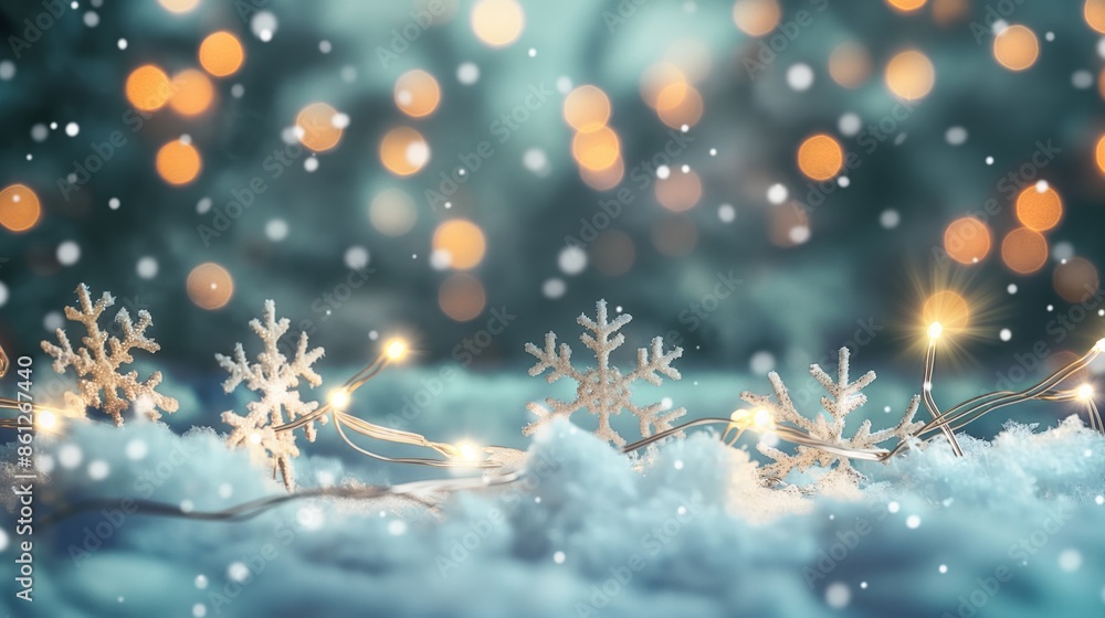 Artificial snowflakes and fairy lights are arranged in a beautiful snowy scene, creating a magical and festive atmosphere with sparkling bokeh lights. Artificial snowflakes and fairy lights are arranged in a beautiful snowy scene, creating a magical and festive atmosphere with sparkling bokeh lights.