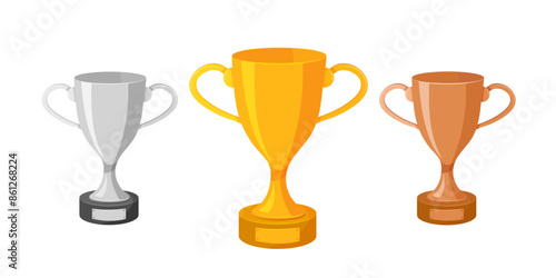 Gold, silver and bronze winners cup on white background. Vector illustration.