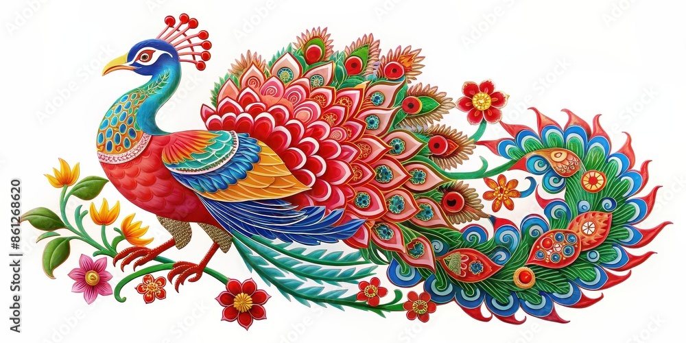 Obraz premium Chinese paper cut peacock with intricate details and vibrant colors , traditional, art, craft, China, culture, decoration