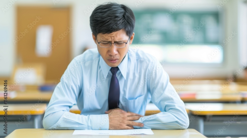 Uncomfortable Asian Man in Bright Classroom Environment Contemplating Stress with Hands on Stomach Uncomfortable Asian Man in Bright Classroom Environment Contemplating Stress with Hands on Stomach
