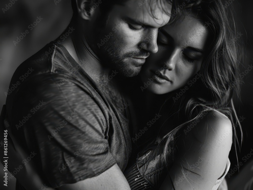 Black and white photo of a loving couple, the man embracing the woman tenderly from behind. Black and white photo of a loving couple, the man embracing the woman tenderly from behind.