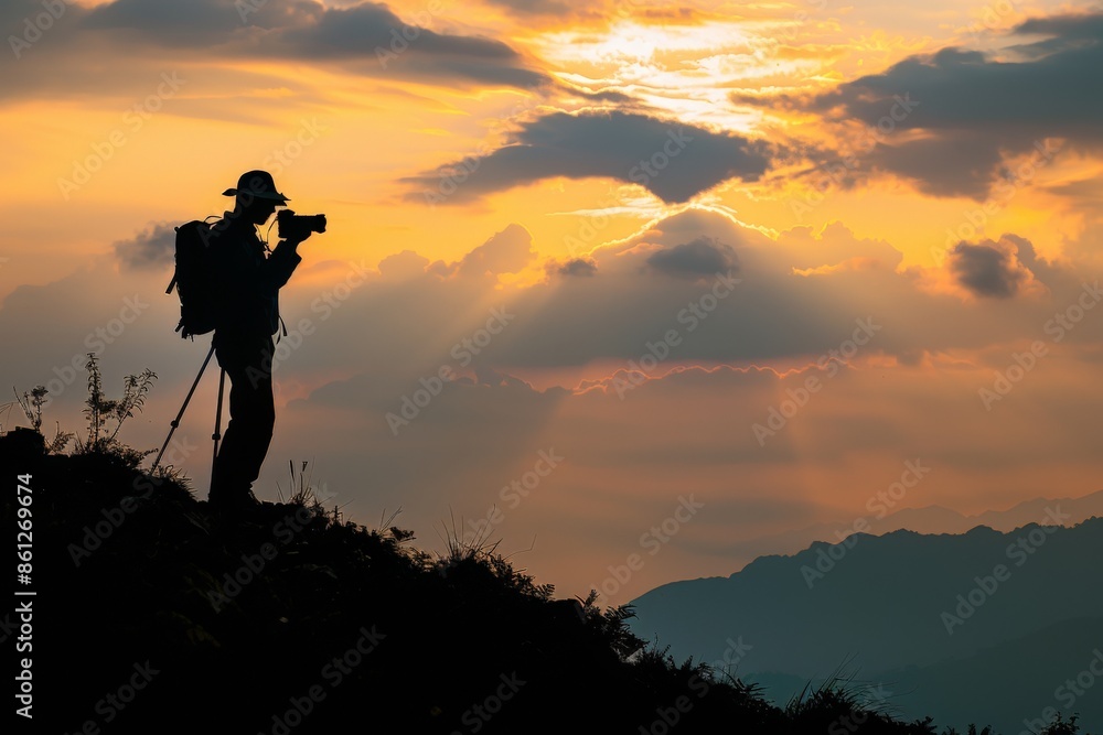 Fototapeta premium silhouette photographer who shoots sunset