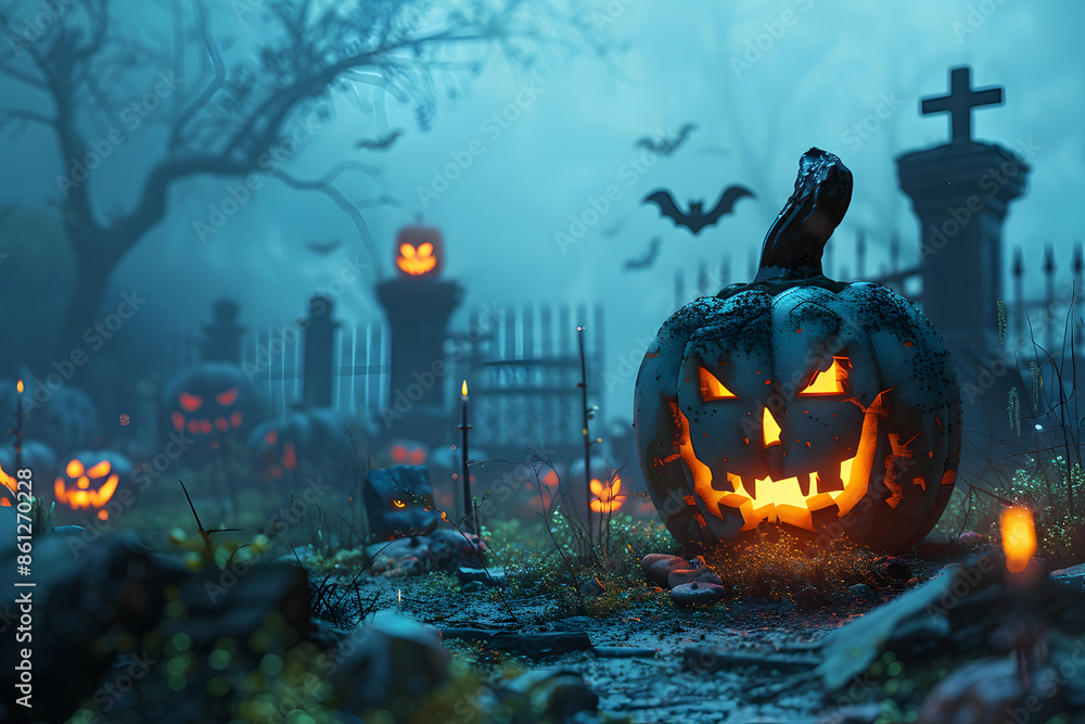 Fototapeta premium ハロウィハロウィンのジャック・オー・ランタン — 不気味な夜の風景とカボチャの飾りンと恐怖の館