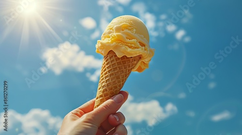 Hand holding a cone of Vanilla ice cream with blue sky background, Summer concept,space for text.