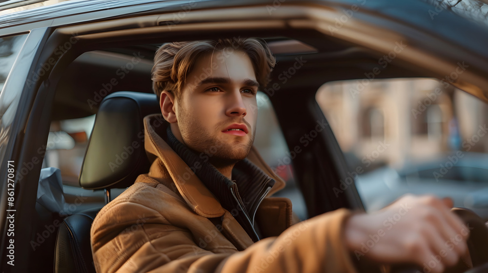 A young man in a brown coat is driving a car through a city. The urban background is slightly blurred, emphasizing the focus on the driver. The scene captures a moment of modern city life