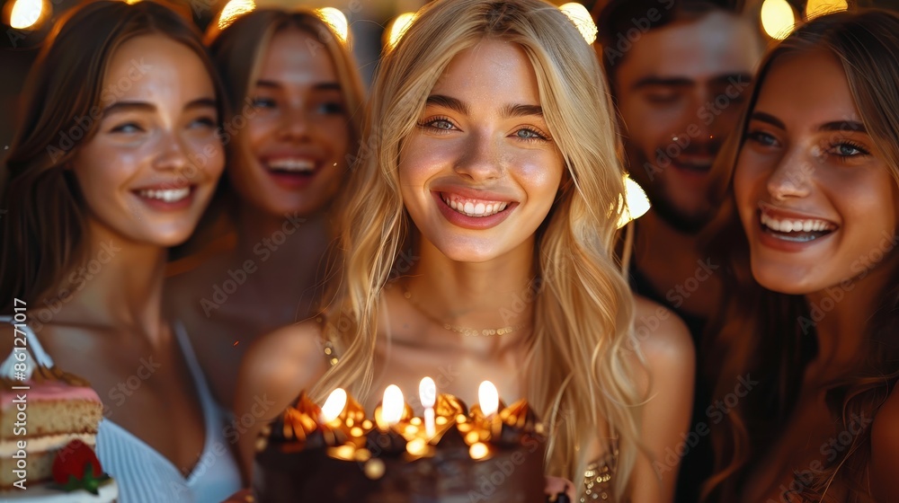A group of smiling friends gather around a birthday cake with lit candles, celebrating a special occasion together with happiness and joy at night. A group of smiling friends gather around a birthday cake with lit candles, celebrating a special occasion together with happiness and joy at night.