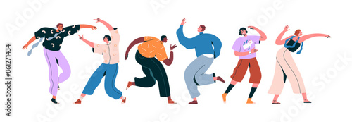 Dancing people at disco party. Happy joyful characters in energetic movements, positions. Cool festive male and female characters celebrating. Flat vector illustration isolated on white background