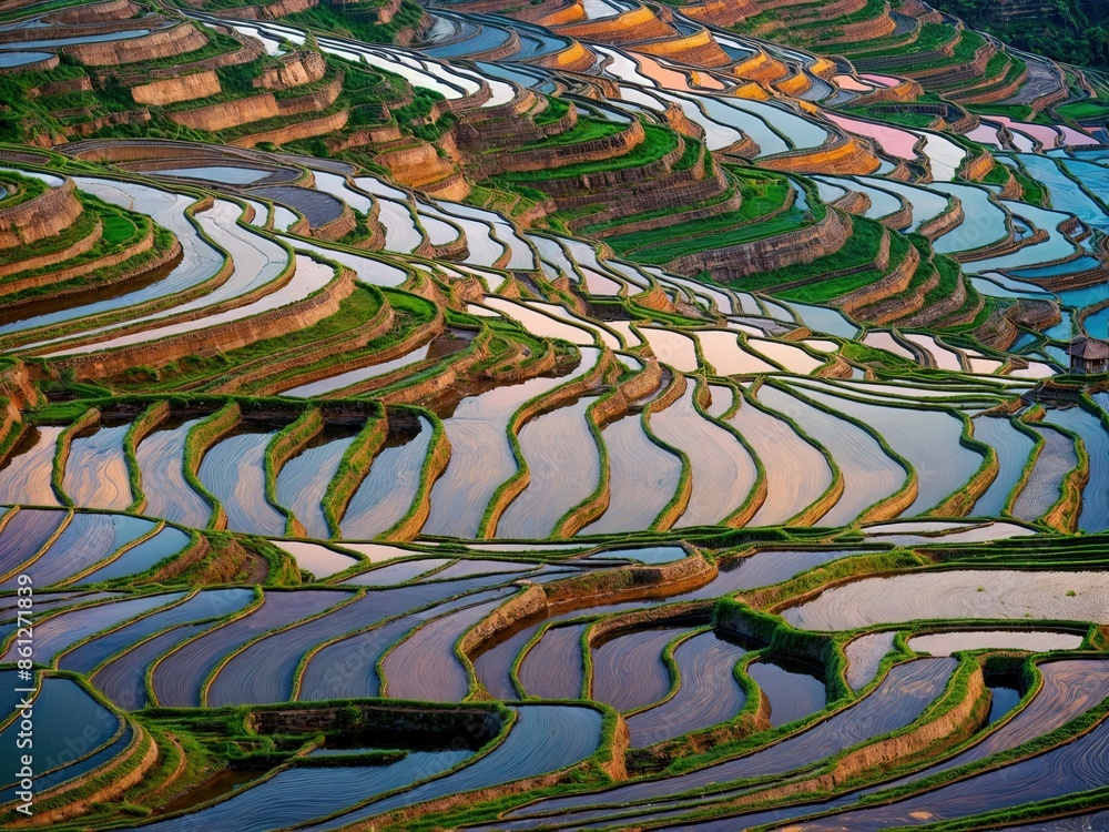 An aerial panorama of Yuanyang breathtaking rice terraces in China. The water mirrors the vibrant sky and surroundings, reflecting a myriad of earthy hues. An aerial panorama of Yuanyang breathtaking rice terraces in China. The water mirrors the vibrant sky and surroundings, reflecting a myriad of earthy hues.