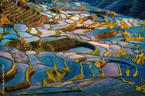 An aerial panorama of Yuanyang breathtaking rice terraces in China. The water mirrors the vibrant sky and surroundings, reflecting a myriad of earthy hues. photo