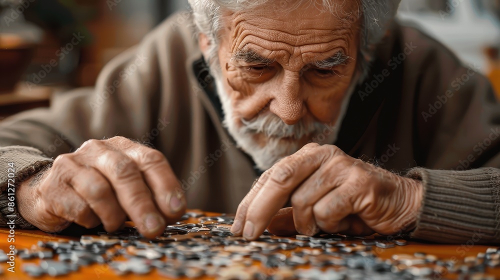 The elderly man is deeply absorbed in focusing on the puzzle pieces laid out on the table, reflecting concentration, patience, and the joy of engaging in a meticulous activity. The elderly man is deeply absorbed in focusing on the puzzle pieces laid out on the table, reflecting concentration, patience, and the joy of engaging in a meticulous activity.