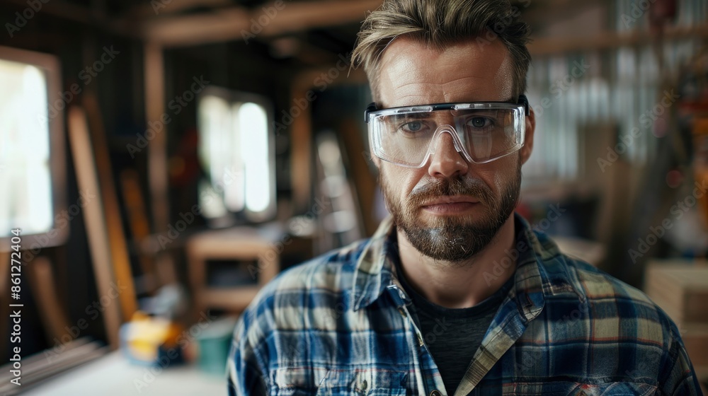 A Man Wearing Safety Goggles In A Workshop, His Expression Reflecting Serious Dedication To Construction Or Maintenance A Man Wearing Safety Goggles In A Workshop, His Expression Reflecting Serious Dedication To Construction Or Maintenance