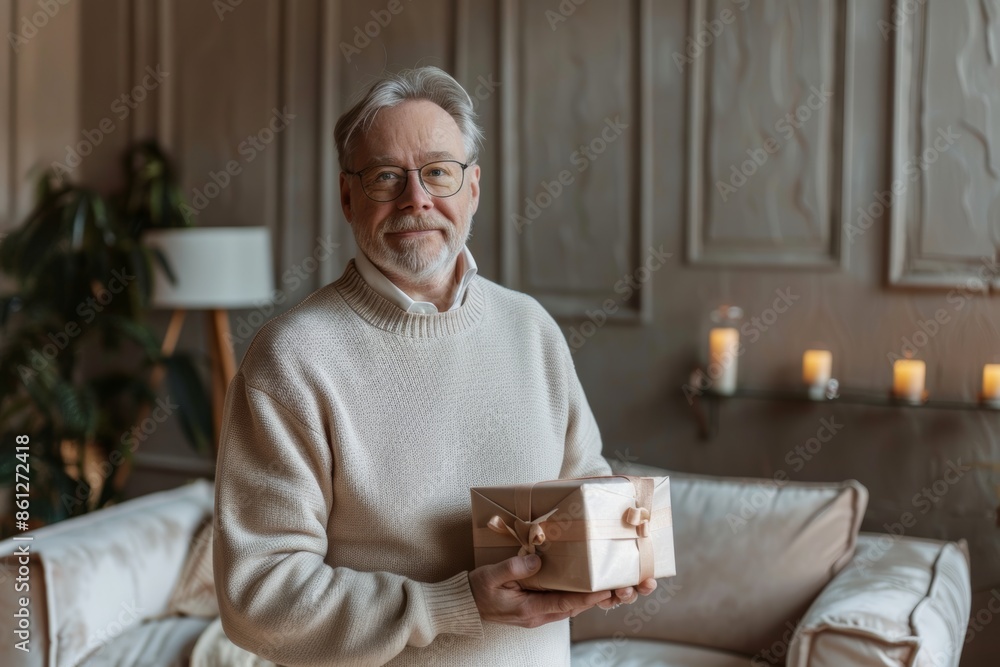 Portrait of a tender caucasian man in his 60s holding a gift on crisp minimalistic living room Portrait of a tender caucasian man in his 60s holding a gift on crisp minimalistic living room