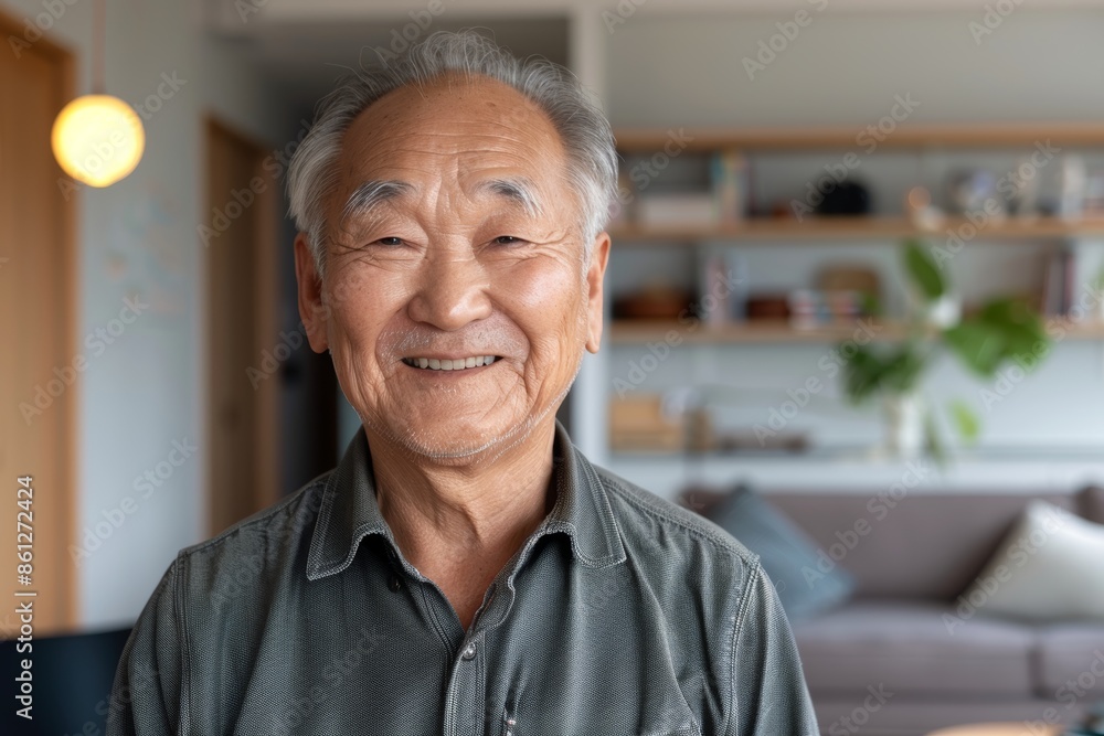 Portrait of a tender asian man in his 70s smiling at the camera in front of crisp minimalistic living room Portrait of a tender asian man in his 70s smiling at the camera in front of crisp minimalistic living room