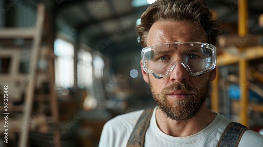 A Man Wearing Safety Goggles In A Workshop, His Expression Reflecting Serious Dedication To Construction Or Maintenance A Man Wearing Safety Goggles In A Workshop, His Expression Reflecting Serious Dedication To Construction Or Maintenance