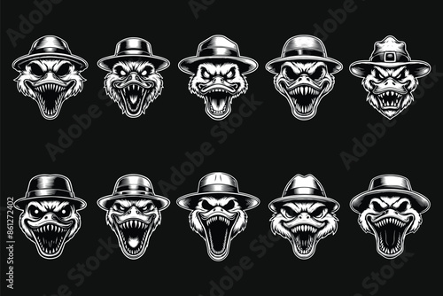 Dark Art Creepy Angry Duck Head with Hat Black and White Illustration