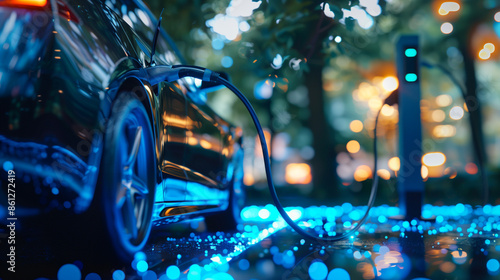 Electric car on a charging station with a power cable, with blue energy effect. Clean sustainable energy concept photo