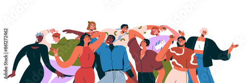 Dancing people at disco party celebration. Happy friends group celebrating together. Joyful and energetic male, female characters in club. Flat vector illustration isolated on white background