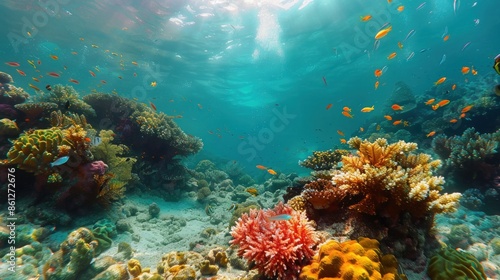 Underwater world with coral reef and tropical fishes. Travel vacation concept © Tisha