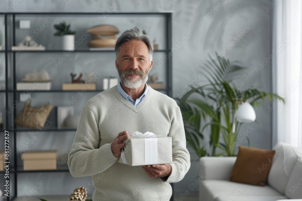 Portrait of a tender caucasian man in his 60s holding a gift on crisp minimalistic living room Portrait of a tender caucasian man in his 60s holding a gift on crisp minimalistic living room