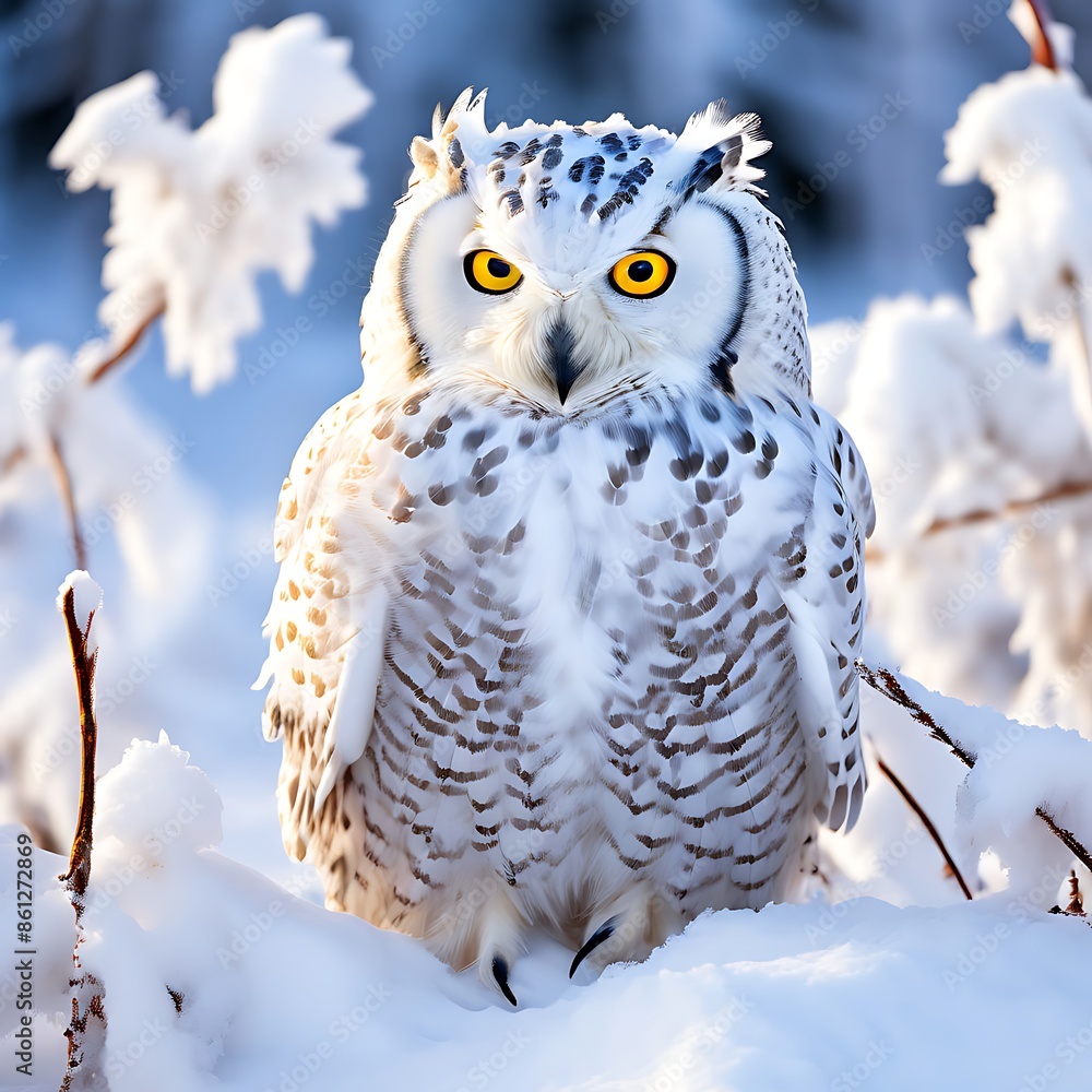 Snowy Owl Camouflaged in Winter Landscape with Fluffy White Feathers and Bright Yellow Eyes
Snowy Owl Camouflaged in Winter Landscape with Fluffy White Feathers and Bright Yellow Eyes