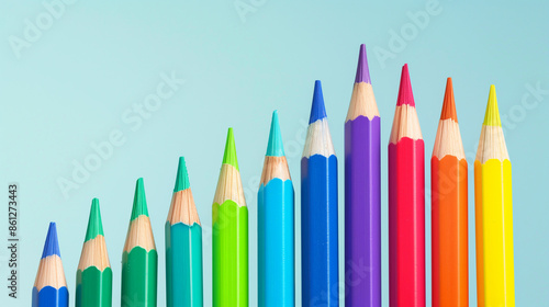 A graph of colored pencils in the shape of an upward trending line, symbolizing growth and progress, on light blue background. The color palette includes vibrant rainbow colors to emphasize creativity