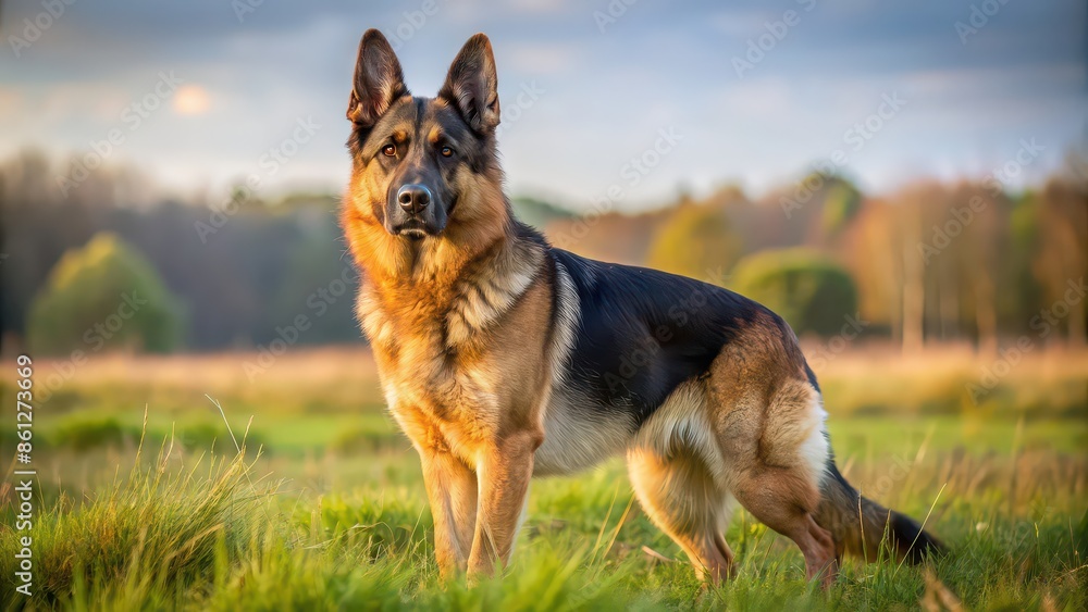 German Shepherd dog with black and tan fur, standing alertly in a grassy field, german shepherd, dog, pet, animal, breed, loyal, intelligent German Shepherd dog with black and tan fur, standing alertly in a grassy field, german shepherd, dog, pet, animal, breed, loyal, intelligent