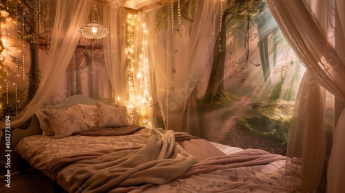 A guest room with a whimsical, fairy tale theme, showcasing enchanted forest wall murals, dreamy lighting, and a canopy bed with sheer drapes.