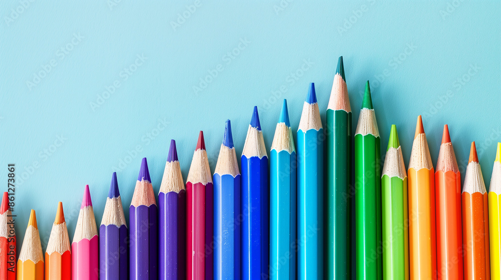 A graph of colored pencils in the shape of an upward trending line, symbolizing growth and progress, on light blue background. The color palette includes vibrant rainbow colors to emphasize creativity A graph of colored pencils in the shape of an upward trending line, symbolizing growth and progress, on light blue background. The color palette includes vibrant rainbow colors to emphasize creativity