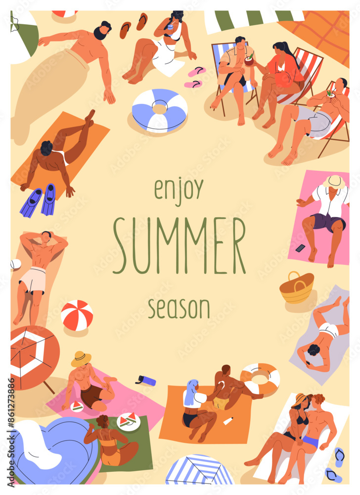 Obraz premium Summer holiday poster. Sand beach background with sunbathing people at sea resort. Vacation leisure, framed card design with tiny tourist characters recreation and quote. Flat vector illustration