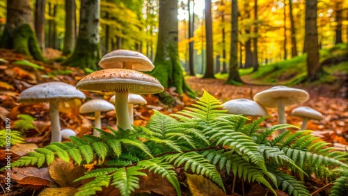 Autumn forest floor carpeted with vibrant green ferns and featuring prized White mushrooms Butyriboletus regius in various stages of growth. photo