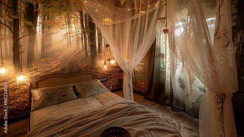 A guest room with a whimsical, fairy tale theme, showcasing enchanted forest wall murals, dreamy lighting, and a canopy bed with sheer drapes. © Sana