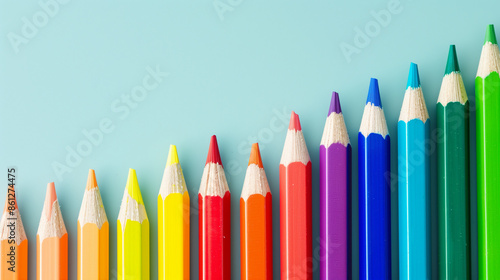 A graph of colored pencils in the shape of an upward trending line, symbolizing growth and progress, on light blue background. The color palette includes vibrant rainbow colors to emphasize creativity