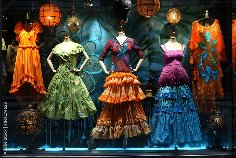 Fototapeta premium Colorful dresses in window display